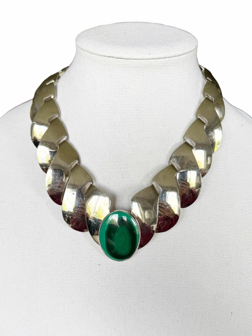 Vintage FLORELLE Silver Tone Collar Necklace Green Malachite Cabochon Choker